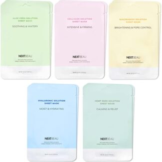NEXTBEAU Solution Sheet Mask Variety Pack, 10 Count (5 Types x 2 Sheets), 0.74 fl oz Each, Korean Facial Sheet Masks for Daily Skincare