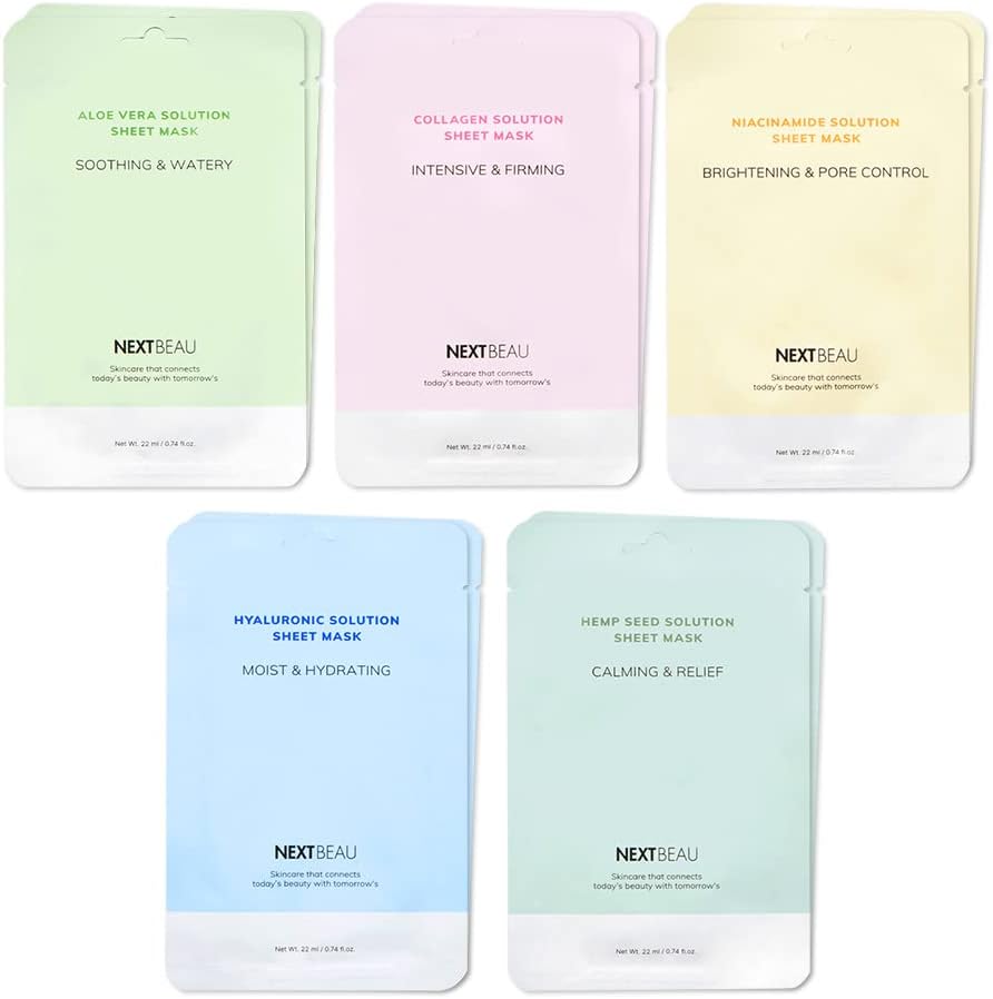 NEXTBEAU Solution Sheet Mask Variety Pack, 10 Count (5 Types x 2 Sheets), 0.74 fl oz Each, Korean Facial Sheet Masks for Daily Skincare